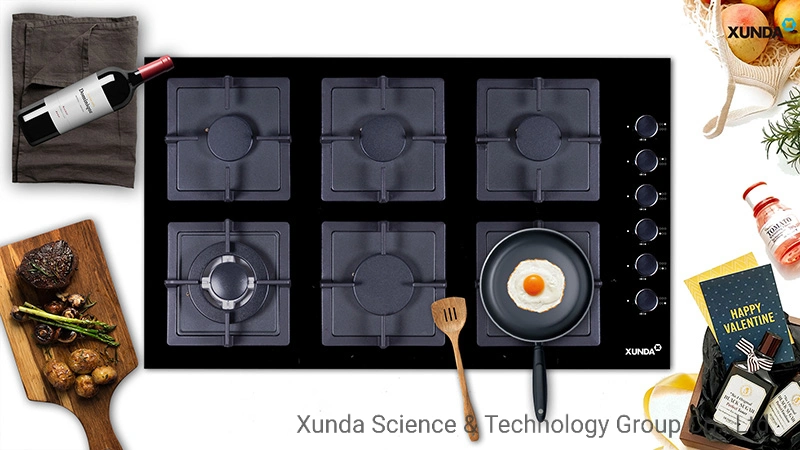 Xunda Home Gas Cooking Tops 6 Burners Gas Stove Tempered Glass Built in Gas Hob